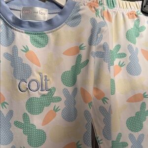 Cecil and Lou Kids' Pastel Bunny & Carrot Pajama Set - Light Blue/Green/Peach